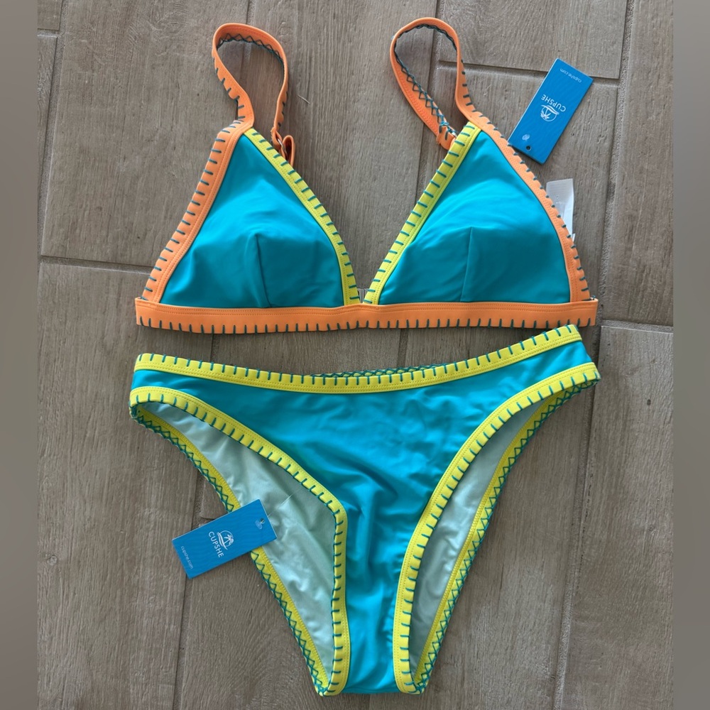 NWT CUPSHE Take Me To Tulum Colorblock Triangle Top & Cheeky Bikini Set - Picture 5 of 10
